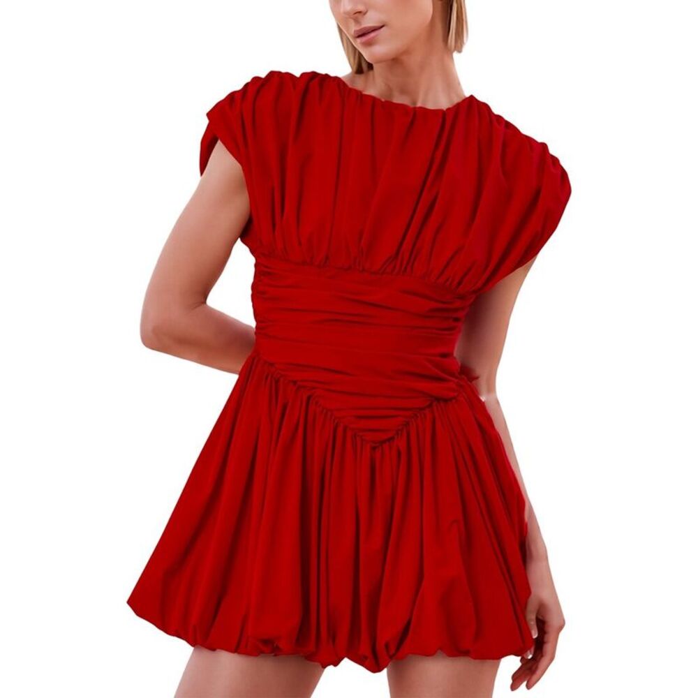 Extro&Vert Womens  Pleated Solid Mini Dress, Red